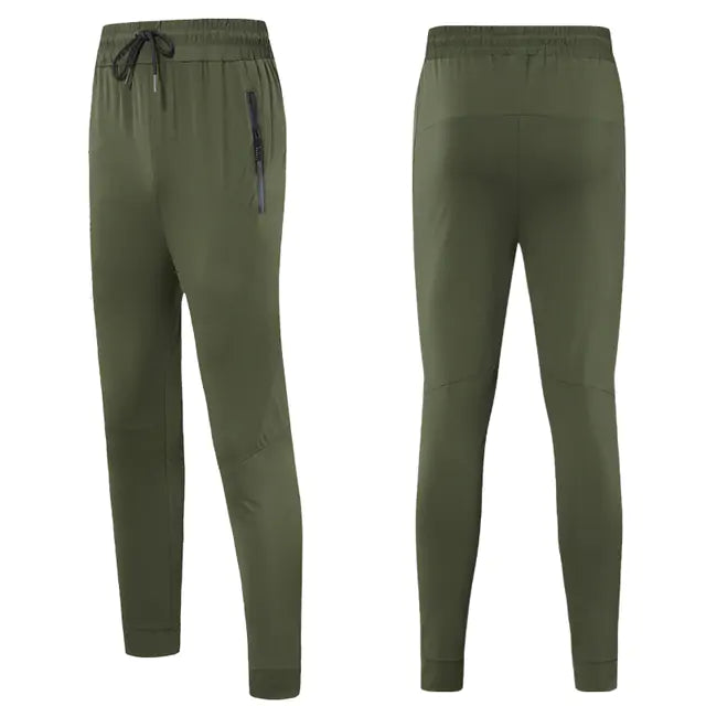 Front and back of olive green breathable sweatpants for working out or cardio