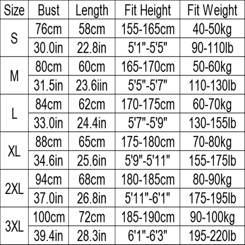 size chart for compression tank top