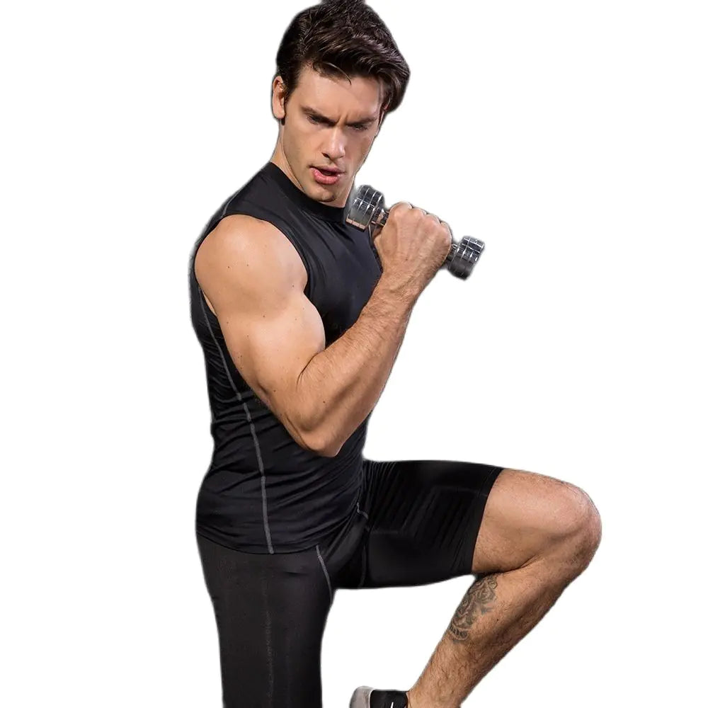 Man working out wearing a black compression tank top