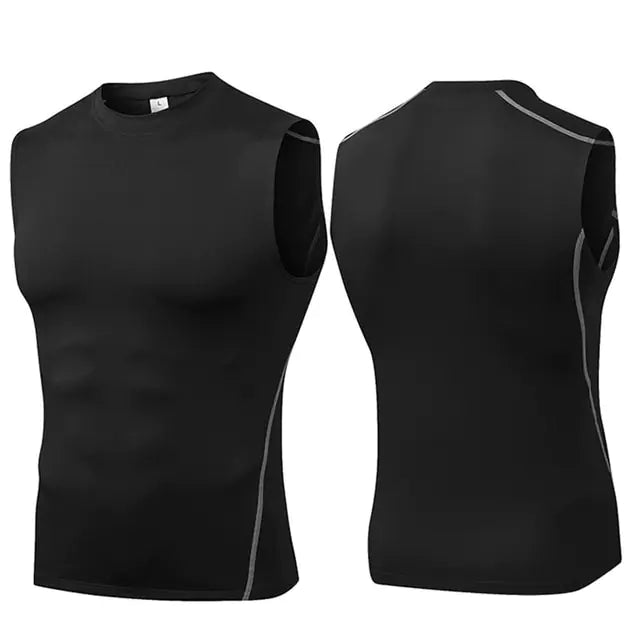 front and back of a black compression tank top with white trim 