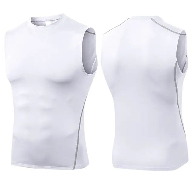 front and back of a white compression tank top with grey trim