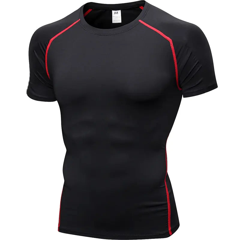 Men's black compression tee with red seams for the gym